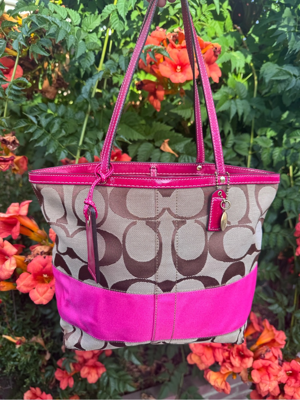 Vintage Coach Signature Stripe Tote in Pink